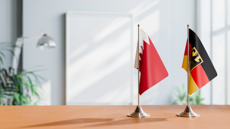 FLAGS OF  BAHRAIN AND GERMANY  ON TABLEの写真素材