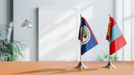 FLAGS OF BELIZE AND MONGOLIA ON TABLEの写真素材