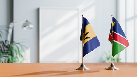 FLAGS OF  BARBADOS AND NAMIBIA  ON TABLEの写真素材