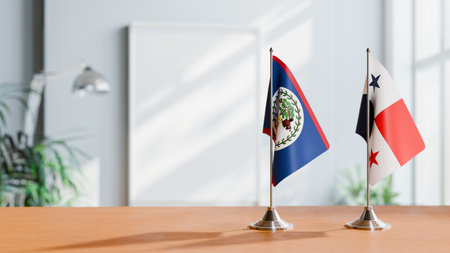 FLAGS OF BELIZE AND PANAMA ON TABLEの写真素材