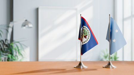 FLAGS OF BELIZE AND MICRONESIA ON TABLEの写真素材