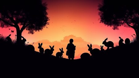 Silhouette of a little boy playing with bunnies at sunsetの素材