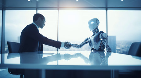 Businessman handshaking a AI robots hand. Making a business deal. Generative AI.の素材