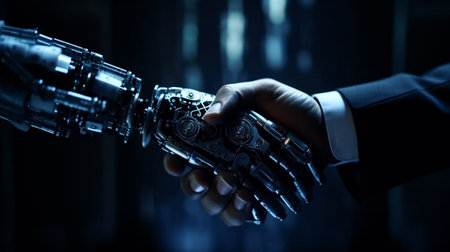 Businessman handshaking a AI robots hand. Making a business deal. Generative AI.の素材