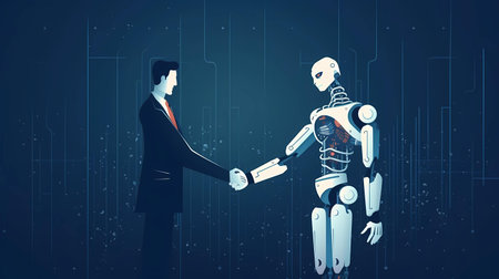 Businessman sealing the deal with an AI robot, handshake. Generative AI illustrationの素材