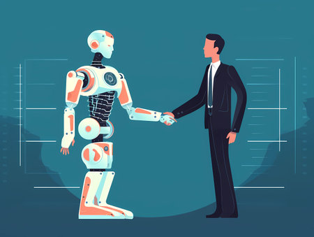 Businessman sealing the deal with an AI robot, handshake. Generative AI illustrationの素材