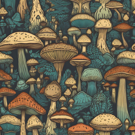 Seamless pattern with mushrooms. Vector illustration in vintage style.の素材