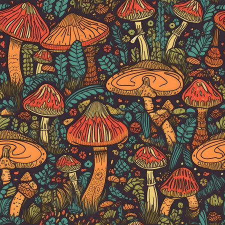 Seamless pattern with hand drawn mushrooms. Vector illustration in doodle styleの素材