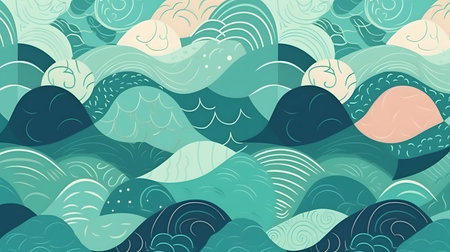 Seamless pattern with hand drawn waves. Vector illustration in doodle style.の素材