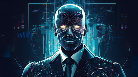 Cyborg head with glowing HUD interface. Artificial intelligence concept. 3D Renderingの素材