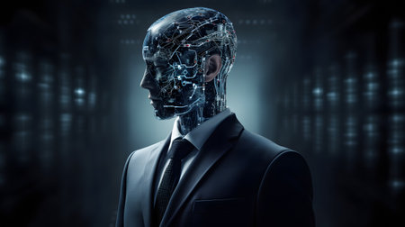 Businessman with artificial intelligence head concept on dark background 3D renderingの素材
