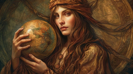 Portrait of a beautiful girl with long hair in a hat with a globe.の素材