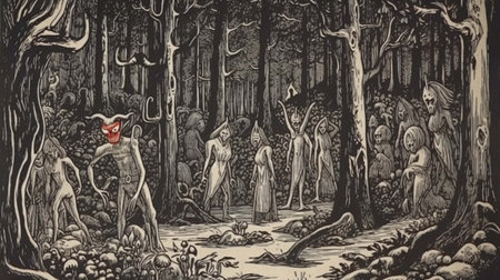 Horror scene with scary monsters in the forest. Vector illustration.の素材