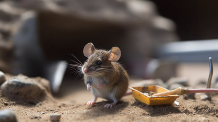 A small brown mouse in the sand with a shovel in the backgroundの素材