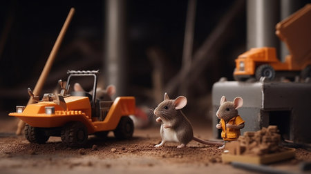Mice and construction machinery on a construction site. Toy construction concept.の素材