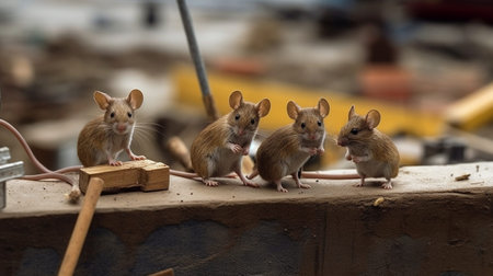 A group of mouse on a construction site. Selective focus.の素材