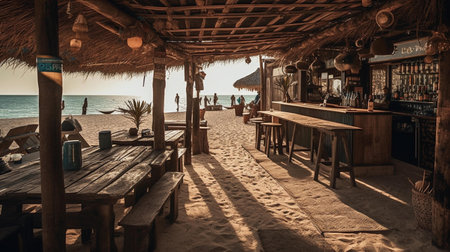 Restaurant on the beach at sunset. Toned image.の素材