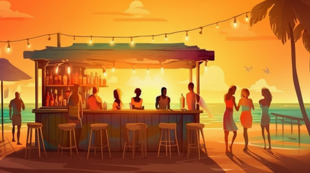 People sitting at the bar at sunset. Vector illustration in cartoon styleの素材