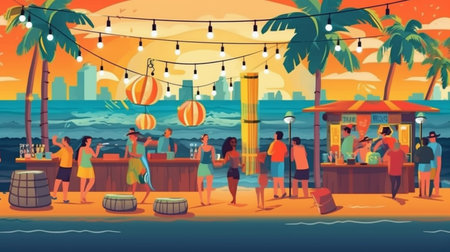 Tropical beach bar with palm trees and cocktails. Vector cartoon illustrationの素材