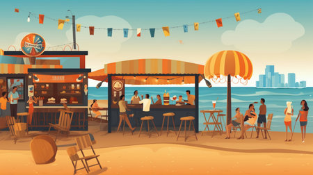 Cafe on the beach with people. Vector illustration in flat styleの素材