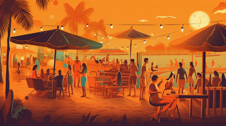 Illustration of people at the beach in the evening, vector illustrationの素材