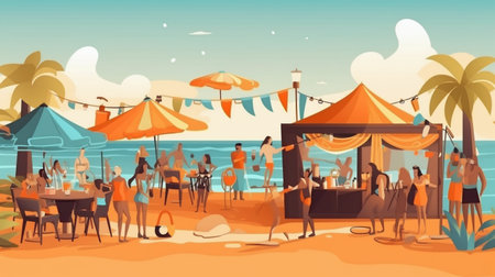 Cafe on the beach. Vector illustration in flat cartoon style.の素材