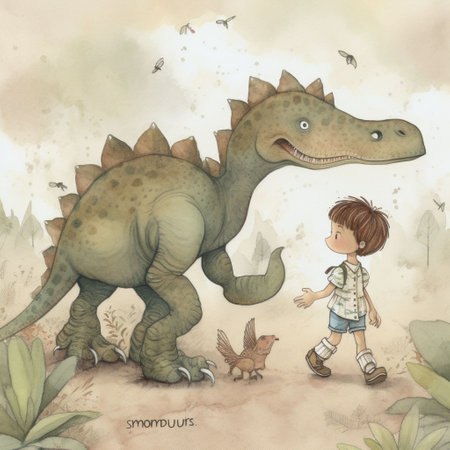 Cute little boy playing with a dinosaur. Watercolor illustration.の素材