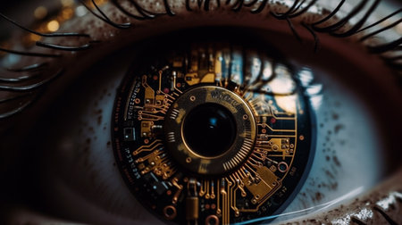 Close-up of the eye of a robot. The concept of artificial intelligence.の素材
