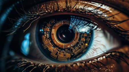 Close-up of human eye with gear wheel. 3D renderingの素材