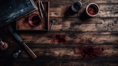 Bloody table with old books, knife and ink. Top viewの素材