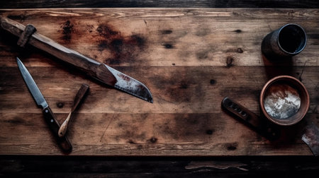 Old knife and fork on a wooden table. Copy space. Toned.の素材