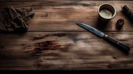 Bloody knife on a wooden table with a glass of wine.の素材