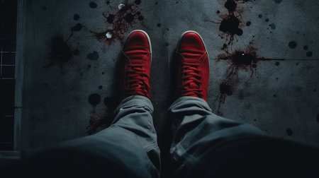 Man in red sneakers standing on the floor with blood splatter.の素材