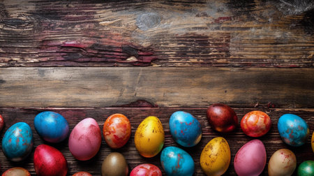 Colorful Easter eggs on rustic wooden background with copy space.の素材