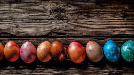 Easter eggs on rustic wooden background with copyspace.の素材