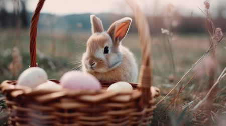 Cute little rabbit with easter eggs in basket on meadowの素材