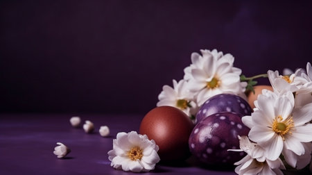 Easter eggs with white flowers on a purple background. Copy space.の素材