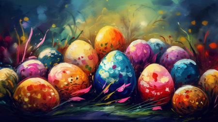Colorful painted easter eggs in the grass. Digital painting.の素材