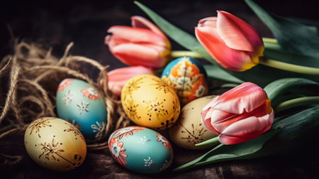 Easter eggs and tulips on rustic wooden background. Toned.の素材