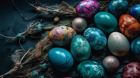 Colorful easter eggs on rustic background with copy space.の素材
