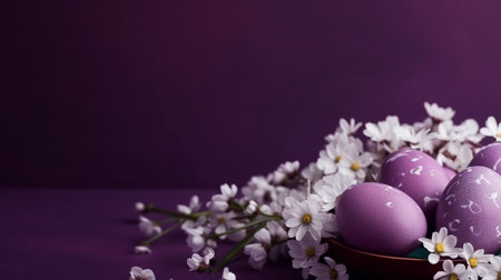 Easter eggs and spring flowers on a purple background. Copy space.の素材