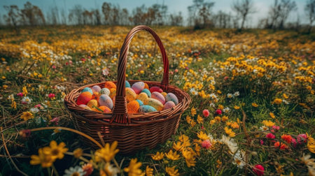 Basket with easter eggs on a meadow full of flowersの素材