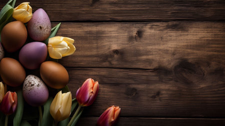 Easter eggs and tulips on wooden background. Top view with copy spaceの素材