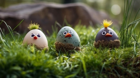 Easter eggs on green grass. Happy easter concept. Selective focus.の素材