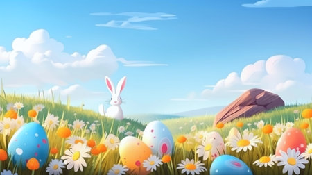 Easter eggs on green meadow with flowers and blue sky backgroundの素材