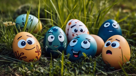 Easter eggs with funny faces on green grass. Happy easter.の素材