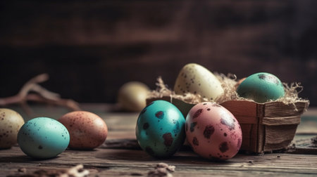 Easter eggs on rustic wooden background with copyspace.の素材