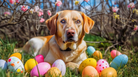Cute labrador retriever dog with easter eggs in gardenの素材