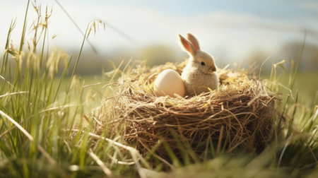 Easter eggs in a nest on a background of wheat field.の素材