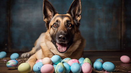 German shepherd dog with colorful eggs on wooden background. Studio shot.の素材